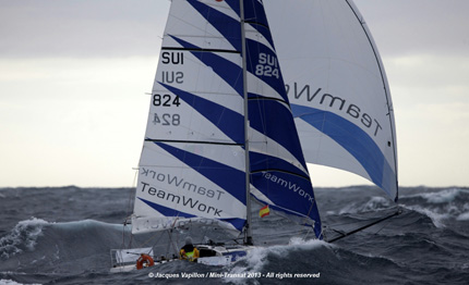 mini transat pedote in testa con benoit marie in scia